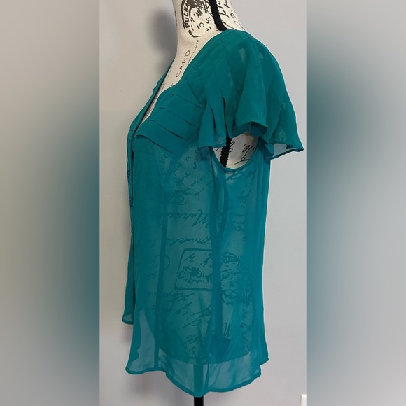 💎💎 East 5th Sheer Blouse - Emerald Green, Short Sleeve V-Neck 💎💎 - Picture 5 of 11